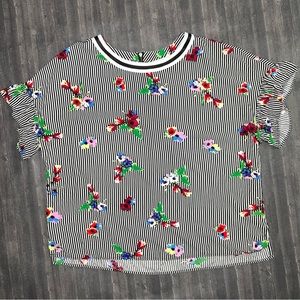 DR2 Black & White Striped Bright Floral Print Top Ruffle Sleeve Large